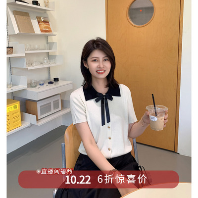 紫璐莱翻领蝴蝶结别针针织衫