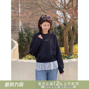 紫璐莱蕾丝轻语 卫衣女845X 假两件拼接蕾丝花边宽松休闲百搭长袖