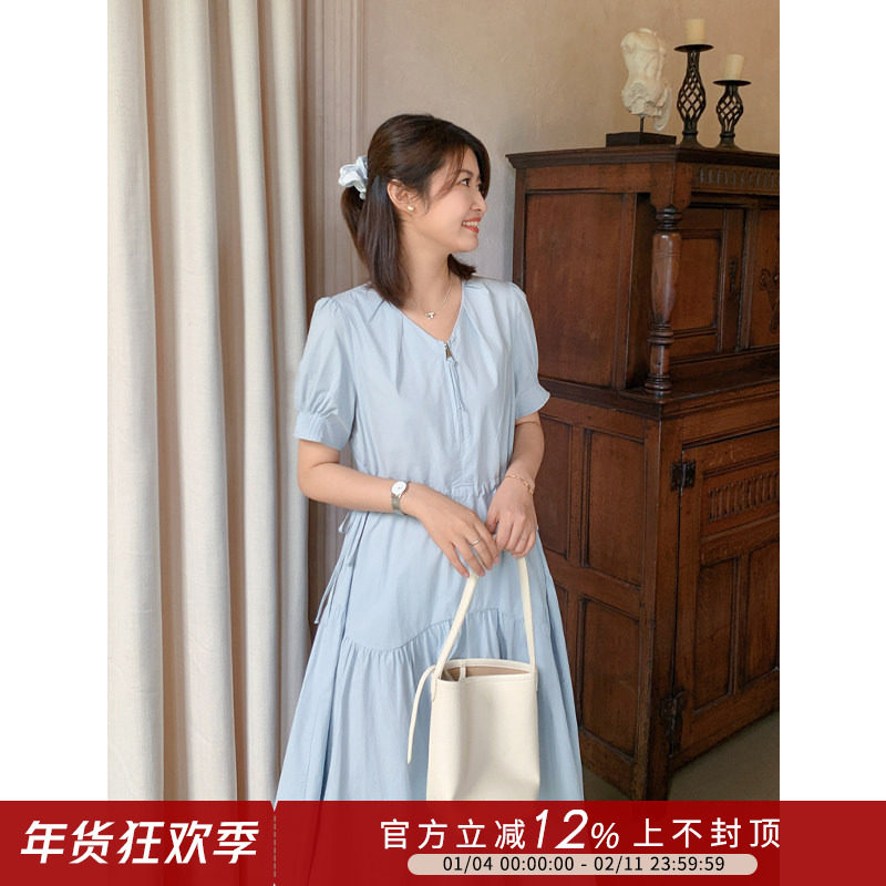 紫璐莱通勤日记~气质V领抽绳收腰短袖工装风通勤中长款连衣裙935X