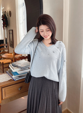 紫璐莱星耀繁花~法式温柔气质软糯羊毛花朵钉珠装饰v领针织衫217X