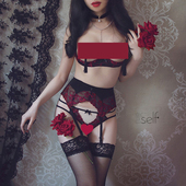 吊袜带新年套装 腰封有钢圈蕾丝聚拢文胸T裤 清仓 梦中胭色 幸己