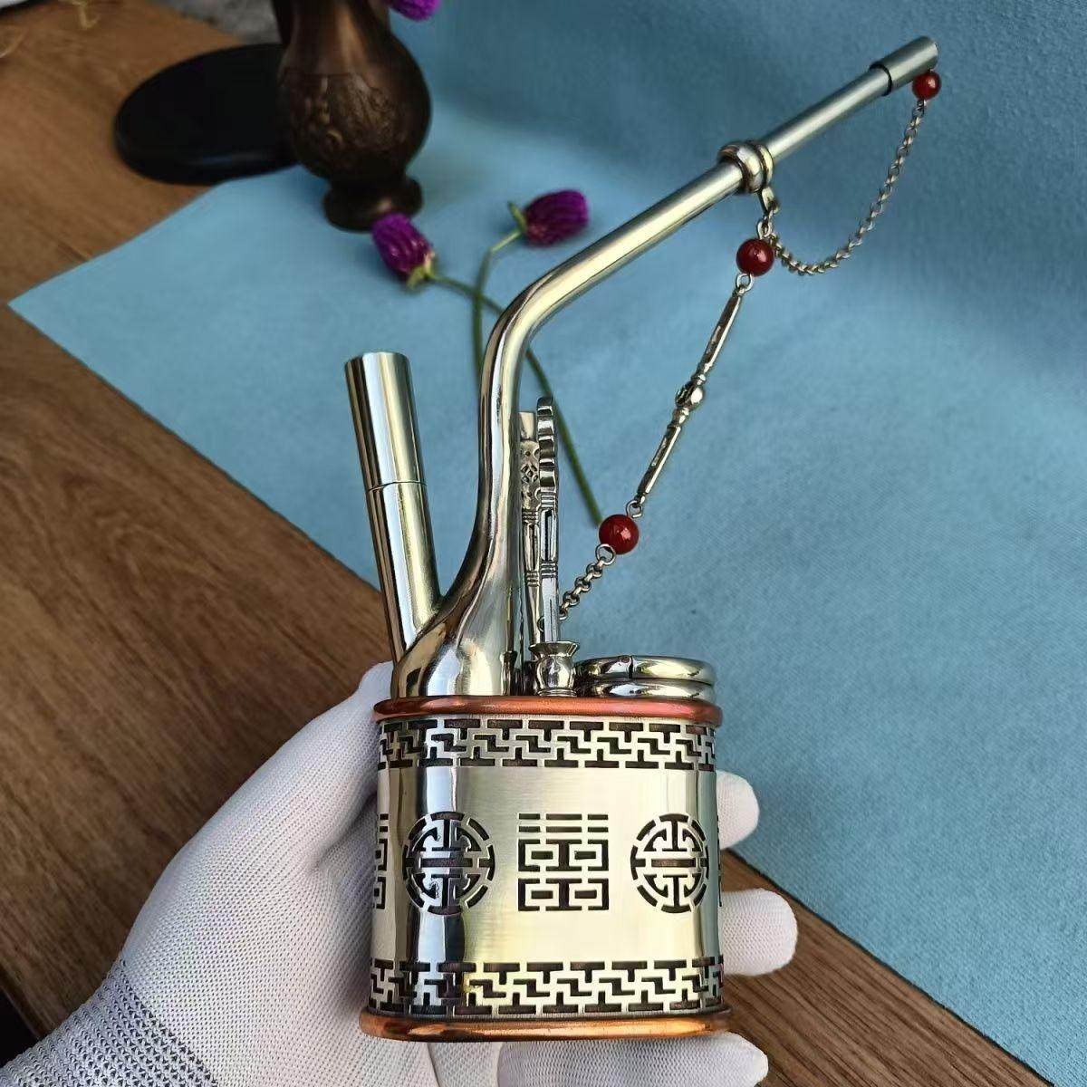 纯铜手工制作水烟壶一口香高档白铜水过滤烟袋锅款传统水烟斗烟嘴