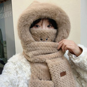 保暖骑行帽韩版 2024新款 围脖手套一体帽子加厚毛绒冬季 百搭可爱