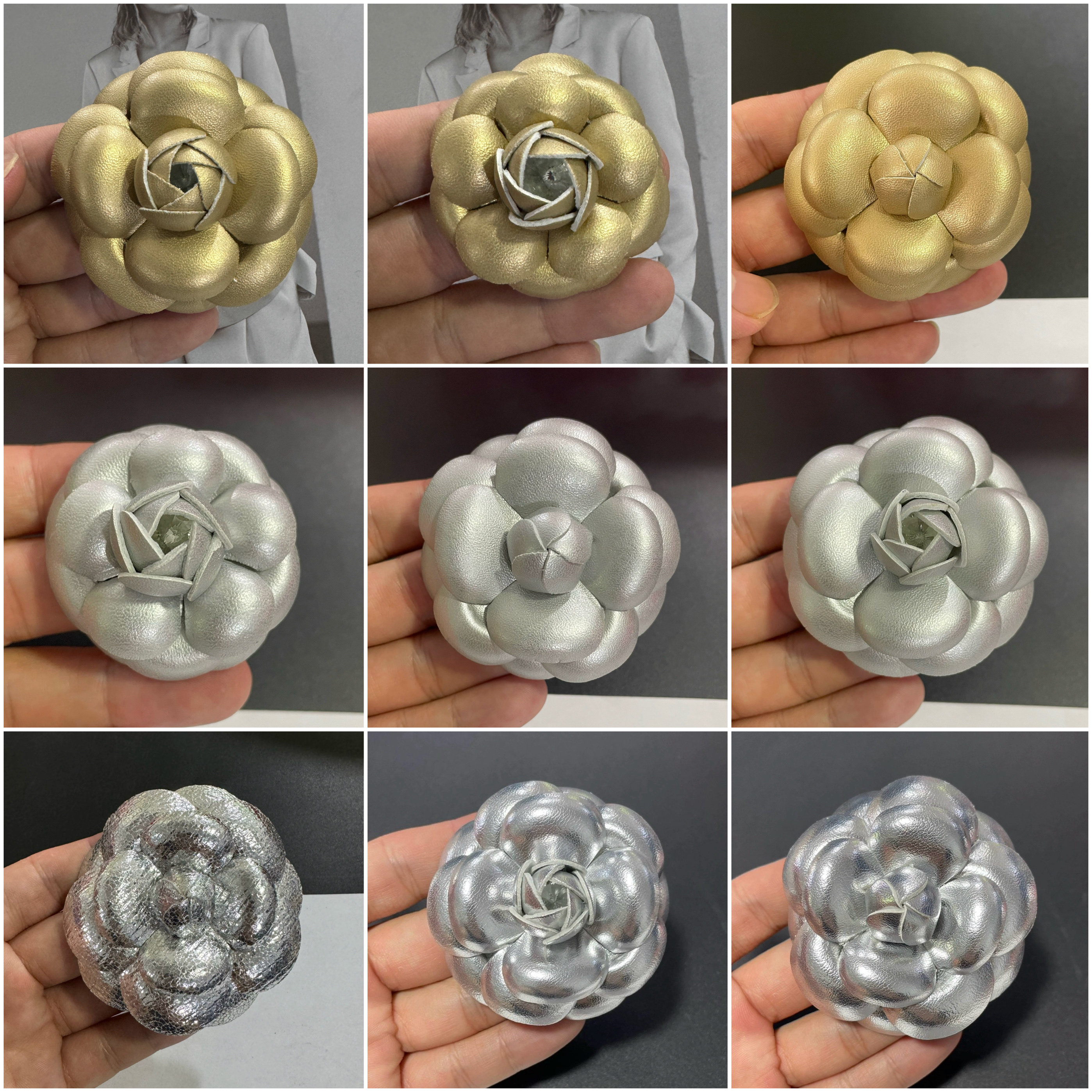 新款高端银色包钻石羊纹面料花朵山茶花小香花饰品胸花头夹加胸针
