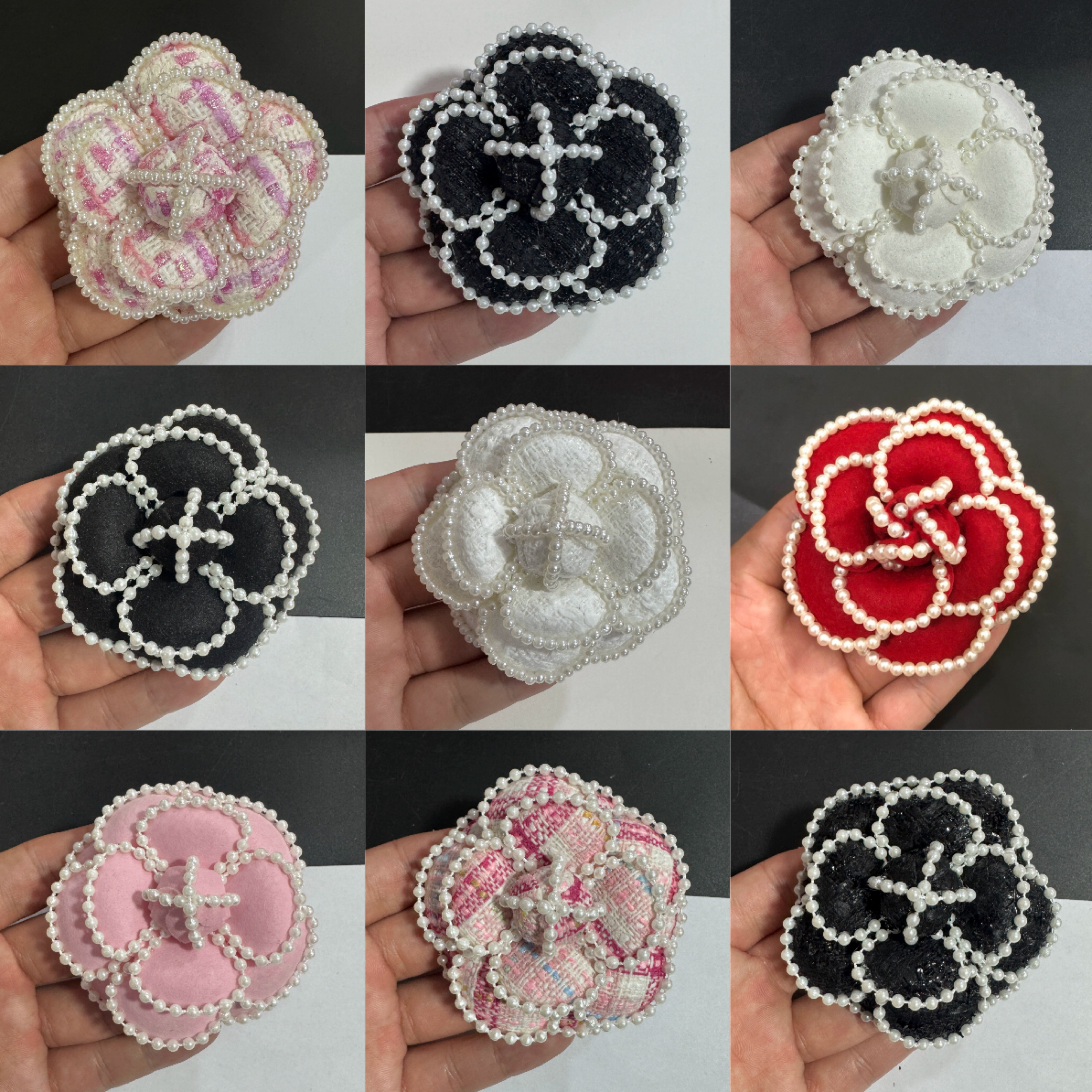 新款7cm高端流行小香风粗花尼加珍珠山茶花饰品胸花加高档胸针