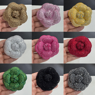 全6.8cm高端烫钻花山茶花羊反绒皮花胸花头夹定型花底加高档胸针