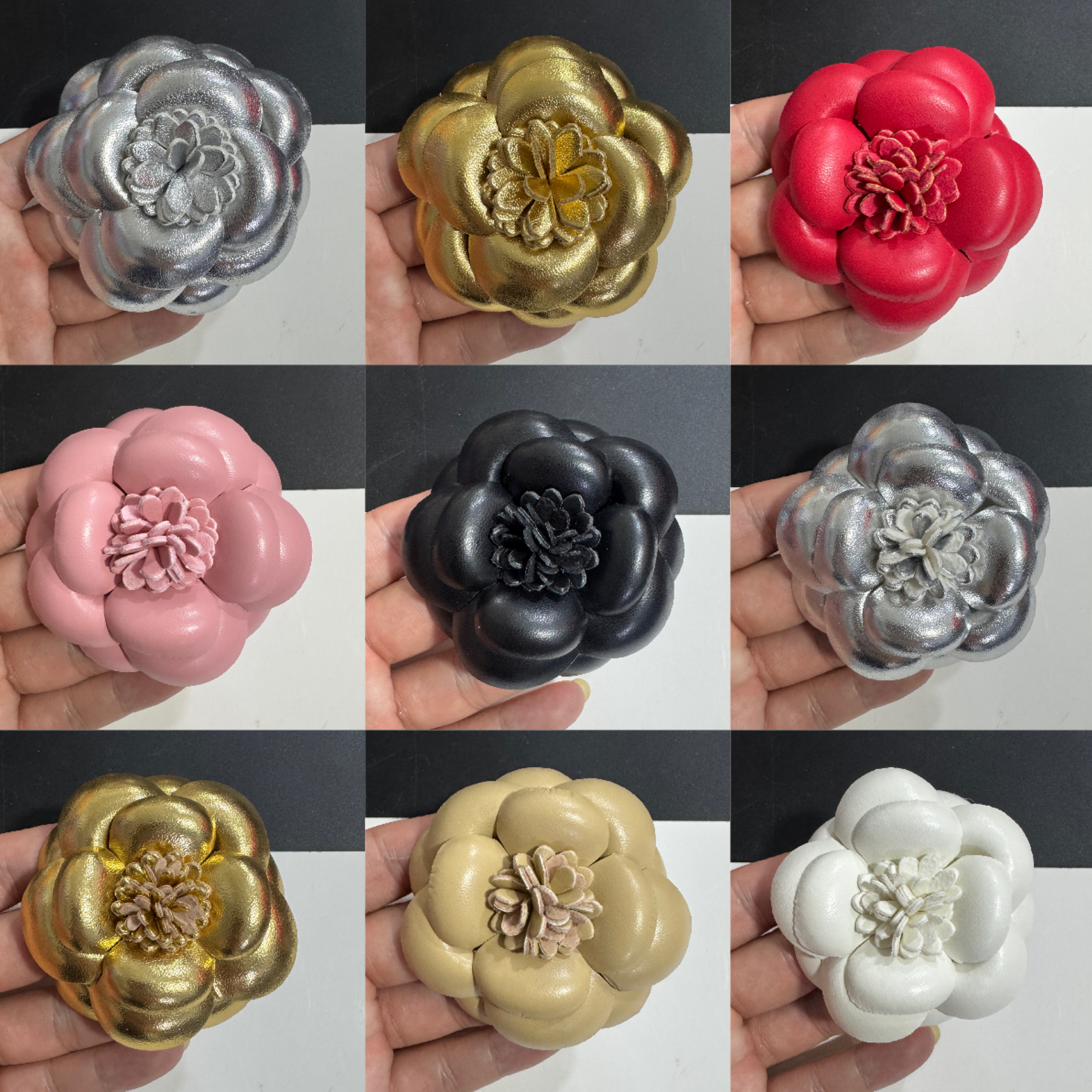 多规格新款山茶花类型金色皮面胸针高端超定型胸花小香花加胸针