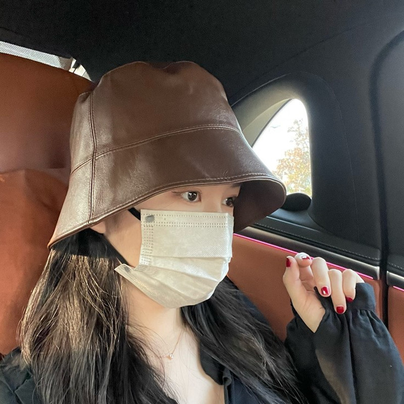 pu皮质渔夫帽女秋冬显脸小水桶帽