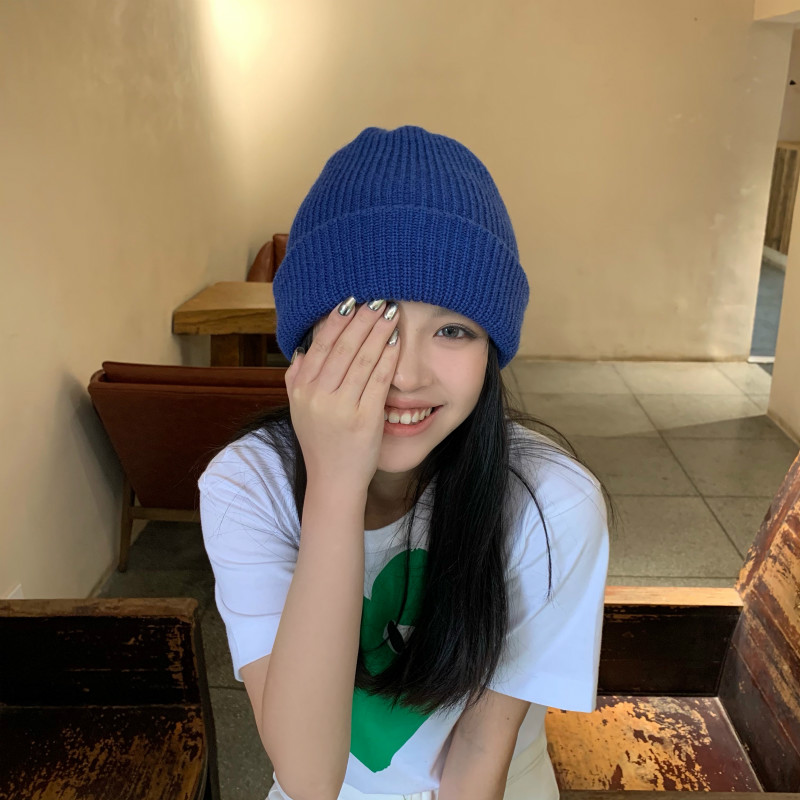 显白宝蓝色~针织帽女韩版ins百搭日系瓜皮冷帽子女秋冬保暖毛线帽