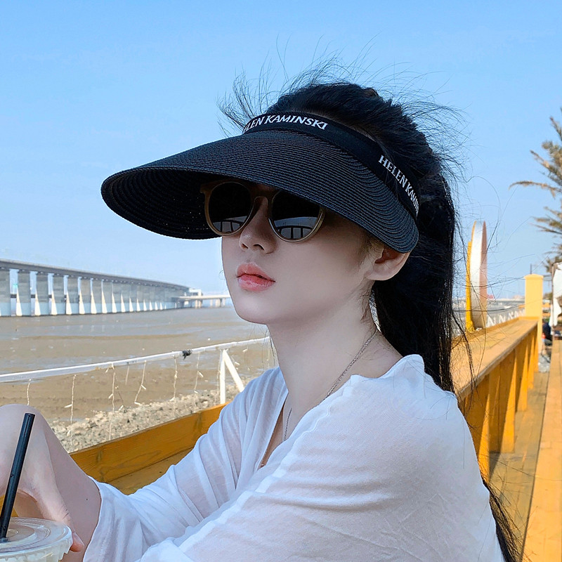日本uv空顶遮阳帽女夏季防晒帽大帽檐防紫外线海边沙滩拉菲草帽子
