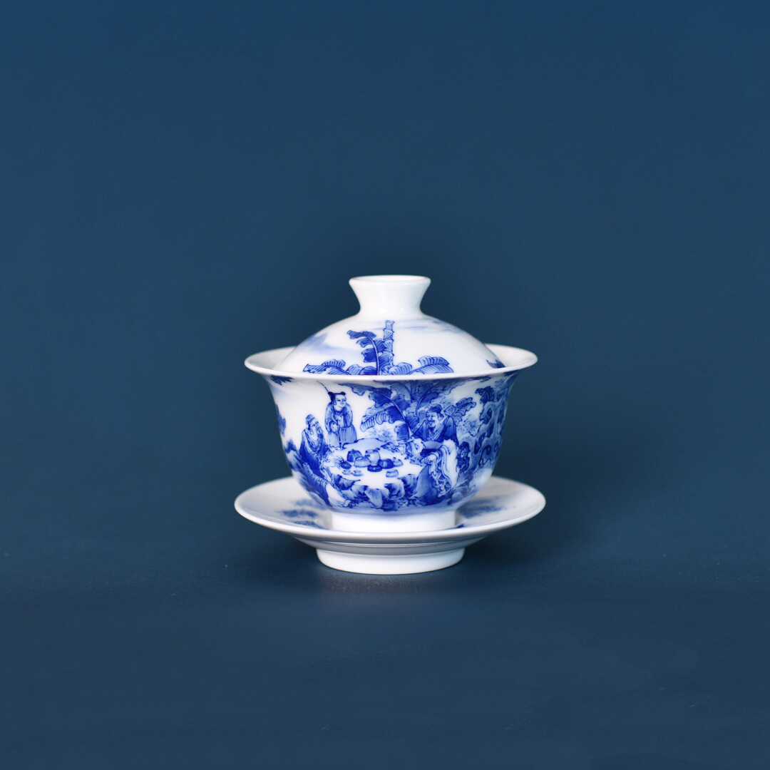 九段烧九段妙手品茶图青花三才盖碗景德镇高端手工手绘茶具150ml