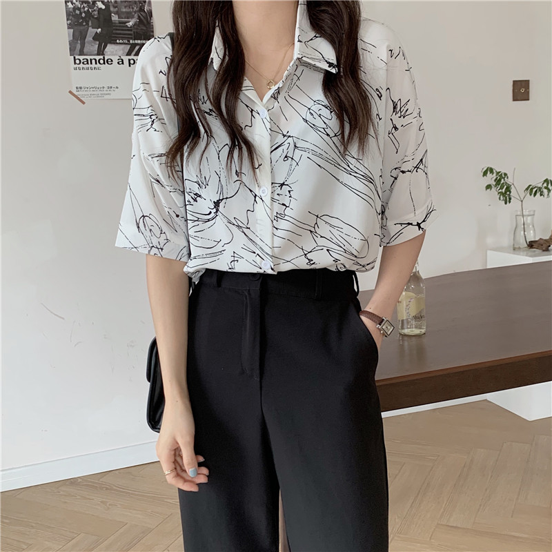 Real price printing new fashion retro Hong Kong Style Short Sleeve Shirt