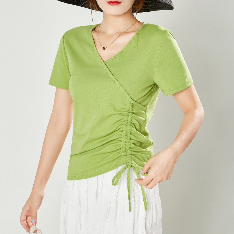 夏季韩版修身显瘦v领短袖t恤女纯棉心机抽绳网红女装百搭绿色上衣