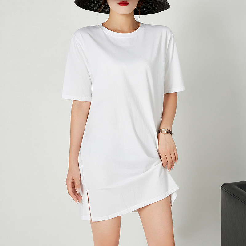 欧洲站下衣失踪短袖t恤女夏季新款韩版宽松中长款纯棉开叉圆领t恤