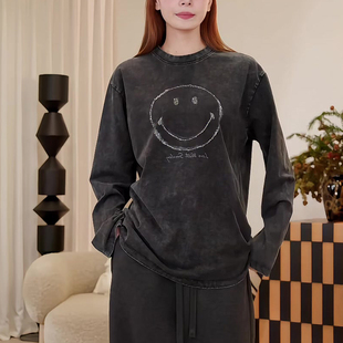 韩版秋冬笑脸印花宽松长袖T恤女百搭打底圆领T恤