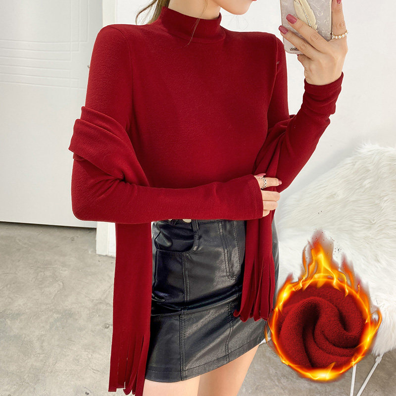 新款冬装围巾套装上衣德绒保暖发热纤维磨毛打底衫女纯色修身显瘦