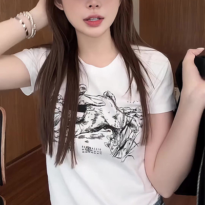 25年韩版小众趣味蒙眼兔子印花短袖T恤女修身显瘦百搭上衣