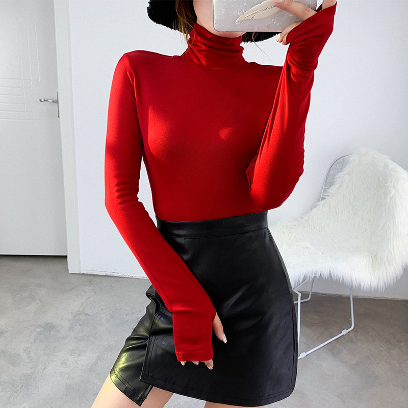 秋冬车厘子红色女磨毛长袖恤套指打底纯棉高领性感修身内搭保暖衣