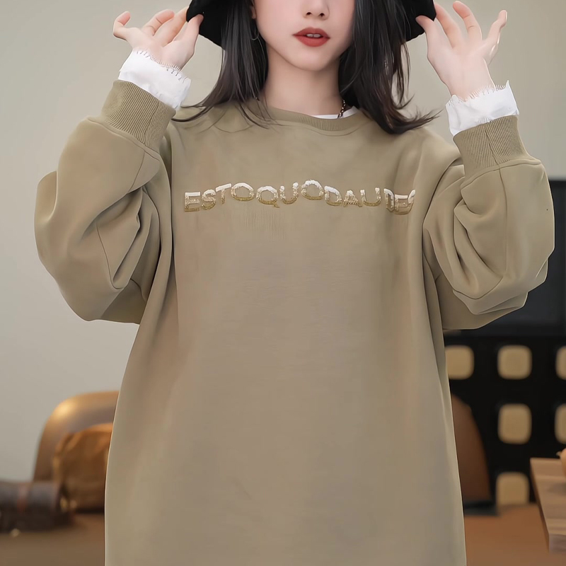 美式简约风字母印花套头卫衣女春秋宽松圆领长袖上衣