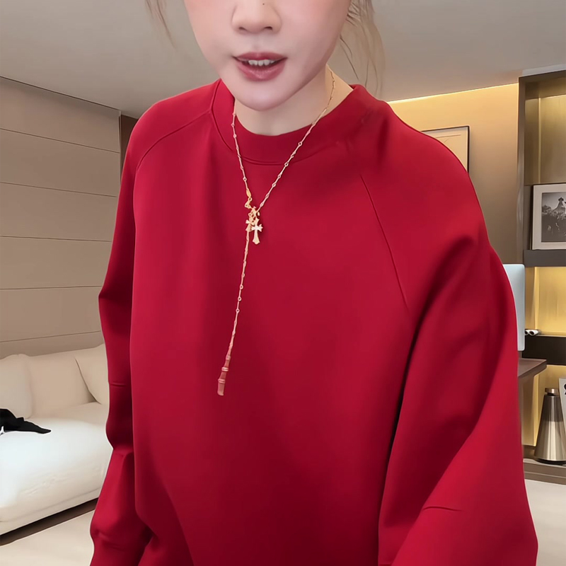 韩版红色卫衣女2025新款秋冬宽松慵懒风圆领上衣