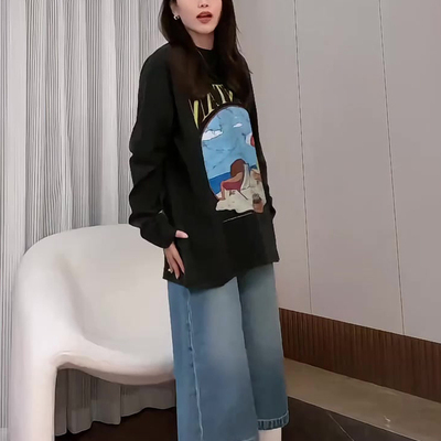 韩版宽松日落沙滩印花纯棉长袖T恤春季新款百搭圆领上衣