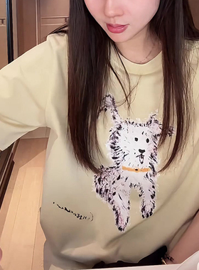 潦草小狗印花短袖T恤2025年新款夏季宽松显瘦百搭黄色上衣女潮