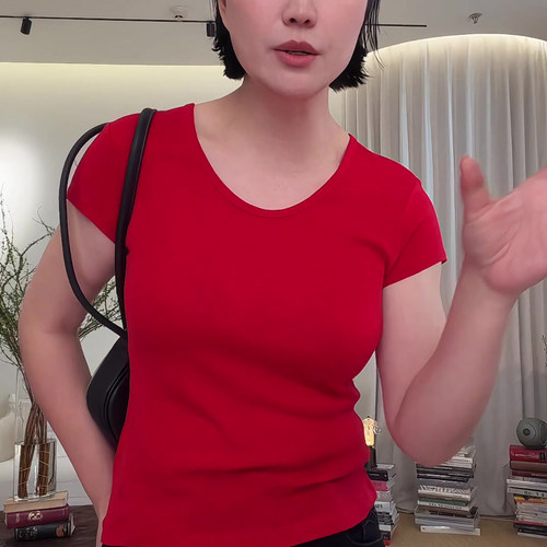 红色圆领短袖正肩t恤女2025夏季新款修身半袖显瘦美式上衣