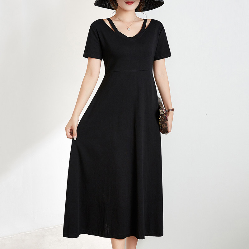 春夏新款韩版修身高腰v领纯棉长款黑色打底裙短袖连衣裙体恤女装