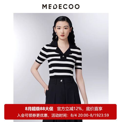 墨蒂珂翻领套头撞色条纹针织衫
