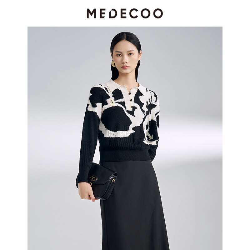 墨蒂珂羊毛polo领套头印花针织衫