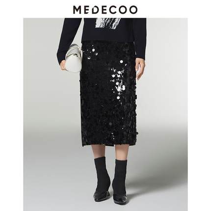 MEDECOO/墨蒂珂2025冬新款女装亮片装饰直身半身裙一步裙MID70217