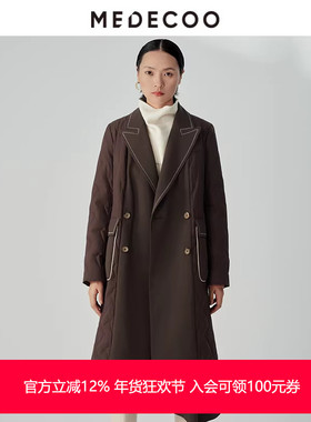 MEDECOO/墨蒂珂冬季新品双排扣毛呢拼接中长款羽绒服MHD11316