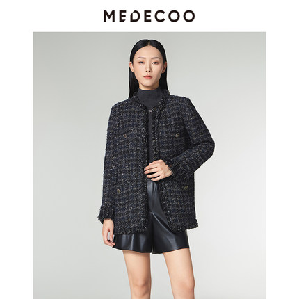 MEDECOO/墨蒂珂2024冬新品 香风H型粗花呢中长款羊毛外套MID31202