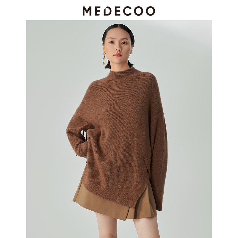 墨蒂珂套头落肩袖流苏拼接针织衫