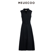 MEDECOO/墨蒂珂2025冬季新款单排扣衬衫领无袖羊毛连衣裙MID90101