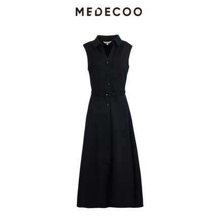 MEDECOO/墨蒂珂2025冬季新款单排扣衬衫领无袖羊毛连衣裙MID90101