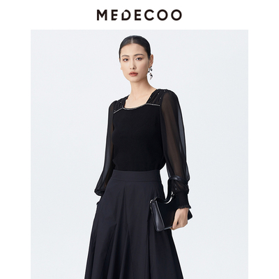 墨蒂珂套头方领镶钻针织衫