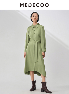 MEDECOO/墨蒂珂秋季新款收腰系带长袖醋纤衬衫连衣裙MHQ90416