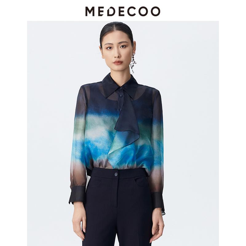 墨蒂珂翻领长袖印花雪纺衬衫