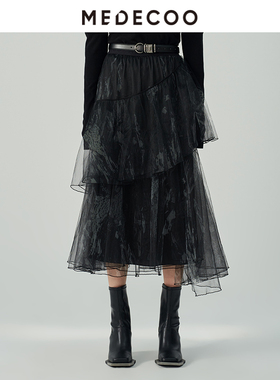 MEDECOO/墨蒂珂冬季新款 艺术泼墨图案A字纱裙半身裙MHD70310