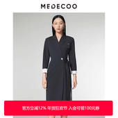 MEDECOO 过膝连衣裙女MID90416 一粒扣系带修身 墨蒂珂2025秋季 新款