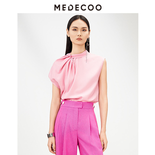 上衣女 MEDECOO 墨蒂珂2025夏季 新款 真丝100%不对称立领T恤短袖