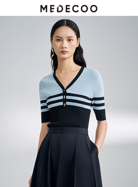 MEDECOO/墨蒂珂2025春季新款 修身V领条纹短袖套头针织衫MIC40316