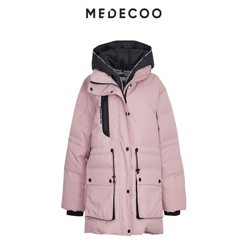 墨蒂珂连帽工装口袋抽绳羽绒服