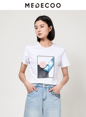 MEDECOO/墨蒂珂夏季新款 亮片拼接短袖圆领棉T恤女MHX62311
