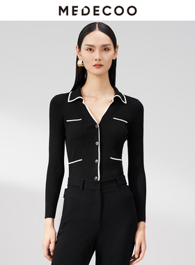 MEDECOO/墨蒂珂春新款女装V领针织衫撞色长袖开衫MHC40209
