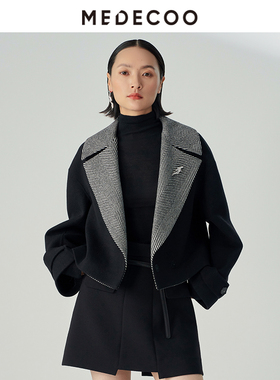 MEDECOO/墨蒂珂冬季新款极简大翻领人字纹羊毛短外套MHD31107
