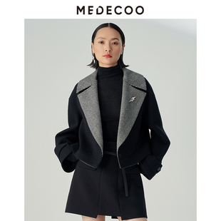 MEDECOO 极简大翻领人字纹羊毛短外套MHD31107 墨蒂珂冬季 新款