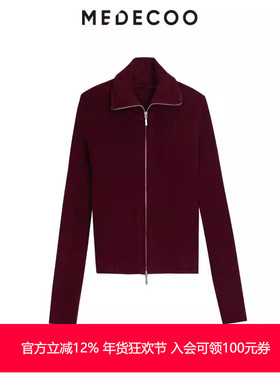 MEDECOO/墨蒂珂2025冬新款女装Polo领修身长袖短款针织衫MID40334