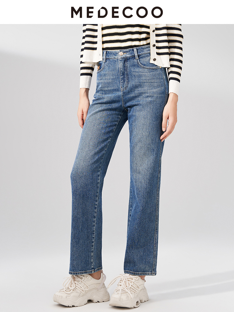 MEDECOO直筒长款自然腰牛仔裤